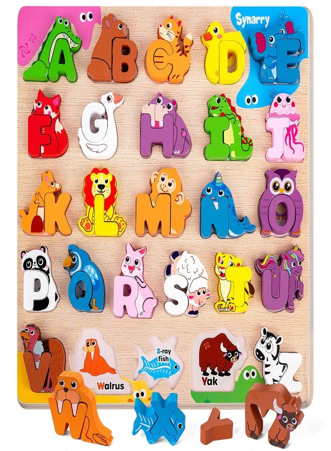 SYNARRY Wooden Alphabet Puzzle, 52 Pieces ABC Puzzles for Kids Ages 3-5, Alphabet ABC Letter Blocks Puzzles for Toddlers 2-4, Wooden Animals Letter Matching Game, ABC Alphabet Preschool Learning Toys - Image 1